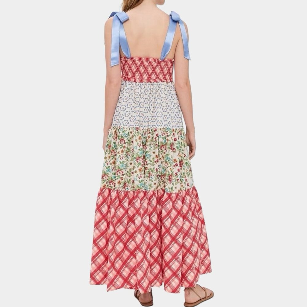 Women Bohemian Bluebell Maxi Dress Size L V-Neck Gathered Bodice Bows Shoulders - Picture 6 of 16